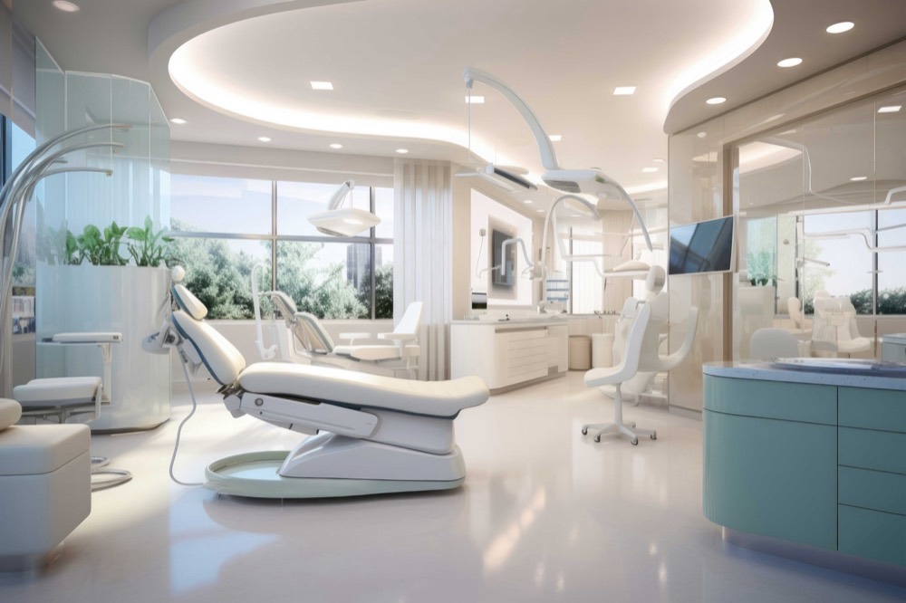 A bright, modern dental surgery with treatment chair