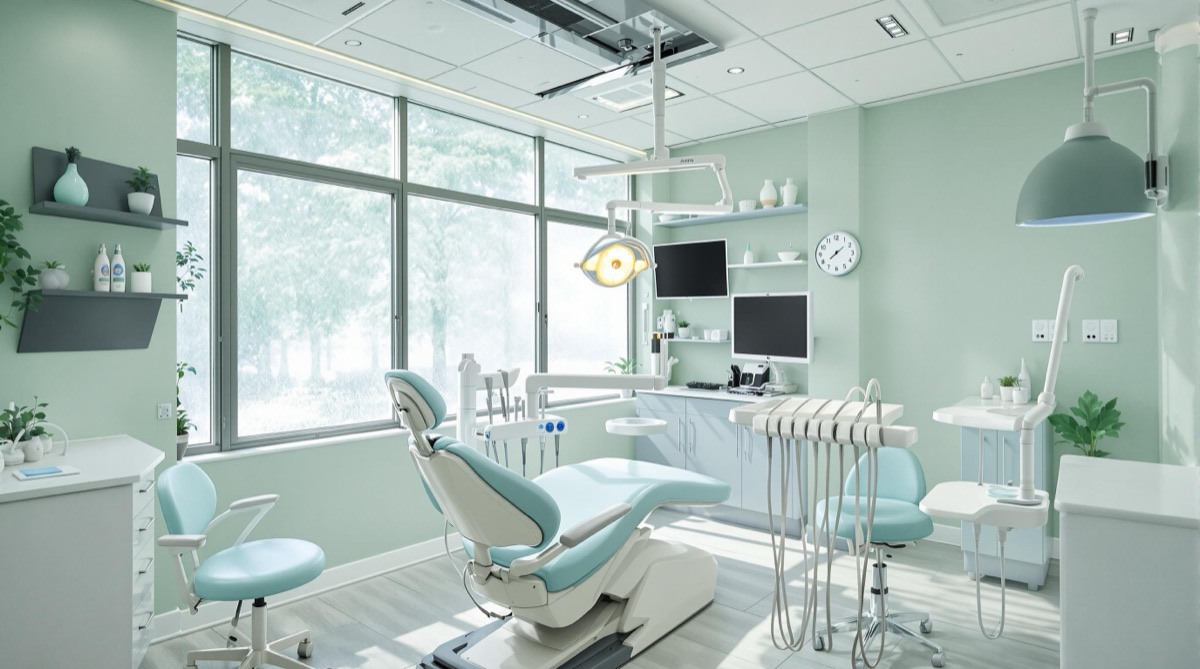 A calm dental surgery with a window and treatment chair
